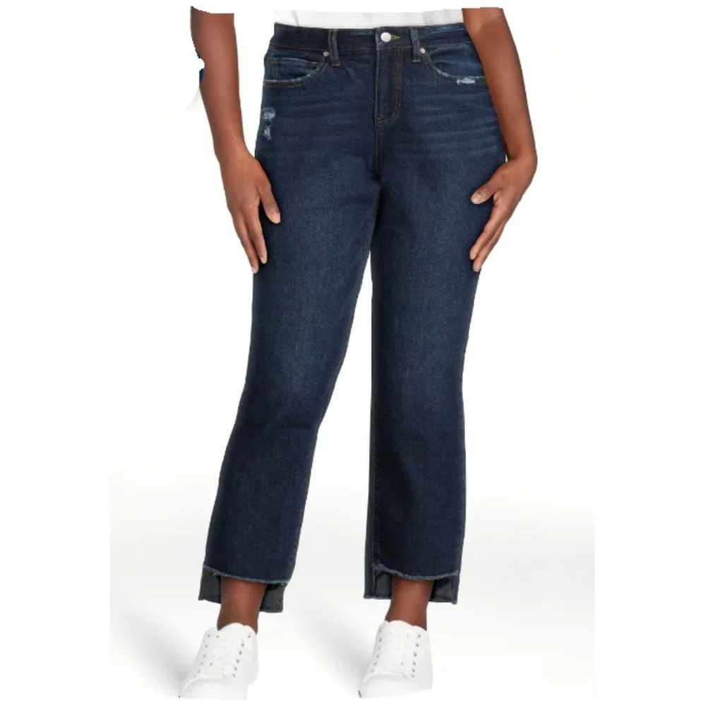 Women 10 NEW High Rise Dark Wash Straight Leg Jeans Cropped Raw Hem Y2K Vintage